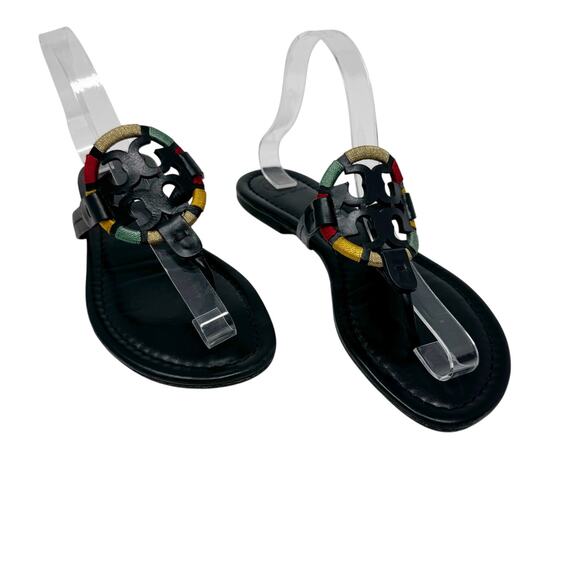 TORY BURCH Embroidered Perfect Black Matte Leather Miller Logo Sandals Size 8.5 - Picture 1 of 9